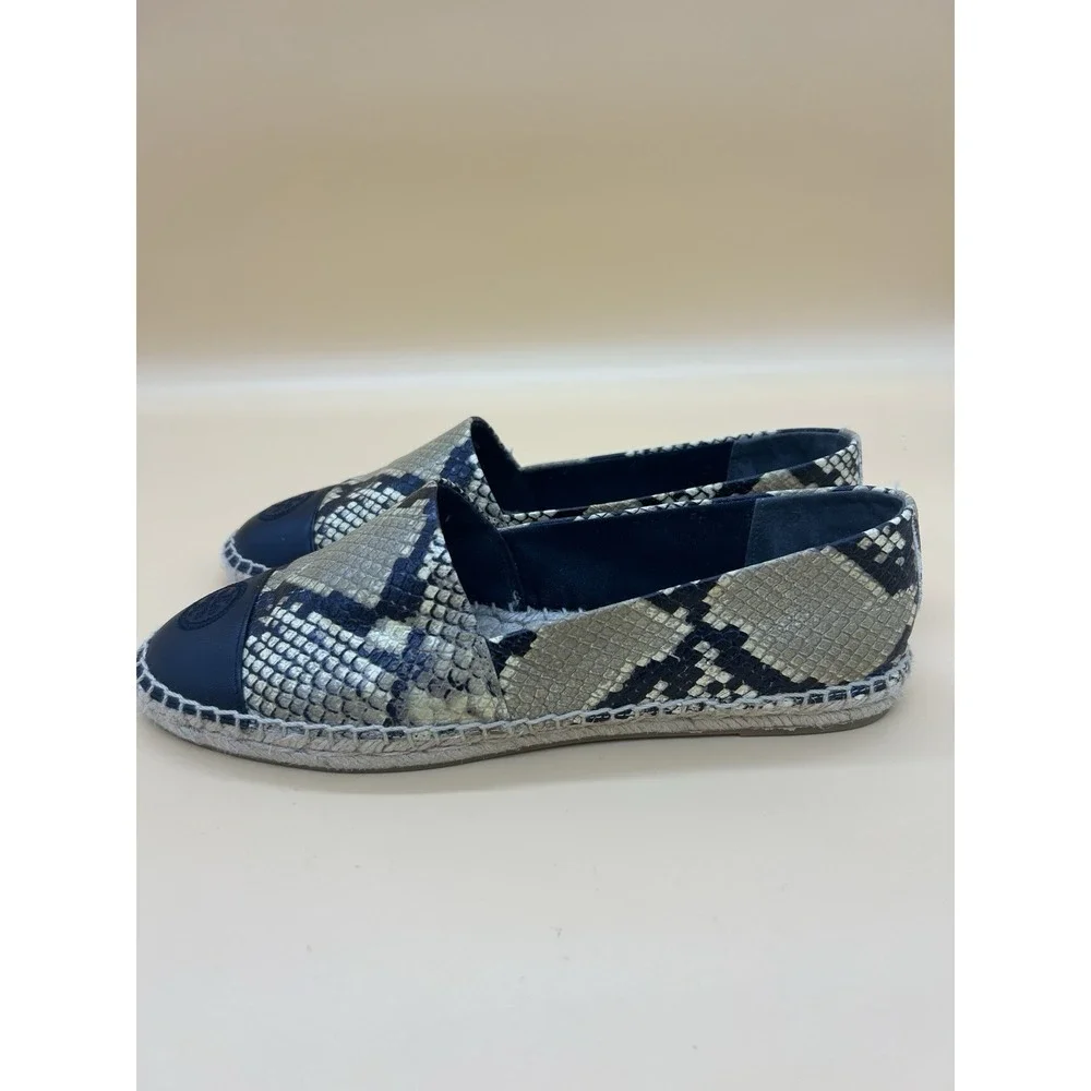 Tory Burch Snake Embossed Espadrille Flats Women's Size 9 Black Beige 12423
